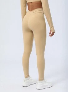 女性桃形臀提拉交叉綁帶瑜伽運動健身緊身褲 - 卡其色 - 查看 2