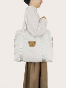 大容量单肩妈咪包饰熊图案 - 米色 - 查看 2