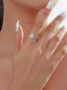 1入組銅製優雅高級歐美風格水滴形戒指,鑲嵌滿鑽立方氧化鋯,適合女性日常佩戴 - 銀色 - 查看 1