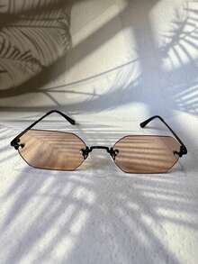 POLASUP 一套女士几何图案铜色金属无框个性化时尚眼镜，适合日常穿搭、海滩、度假、泳池、派对、休闲场合（包含眼镜盒、清洁布、眼镜带） - 金属镜框眼镜，无框设计，棕色镜片，时尚百搭 - 香檳色 - 查看 2