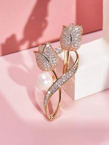 1pc Brooch Rhinestone Tulip Flower Brooch Anti-Glare Suit Brooch Collar Pin Jewelry - Gold - View 3