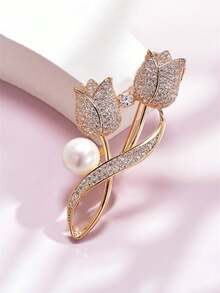 1pc Brooch Rhinestone Tulip Flower Brooch Anti-Glare Suit Brooch Collar Pin Jewelry - Gold - View 4