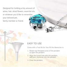 1pc Pet Memorial Heart Shaped Glass Urn Necklace, Stainless Steel Birthstone Pet Ashes Cremation Pendant