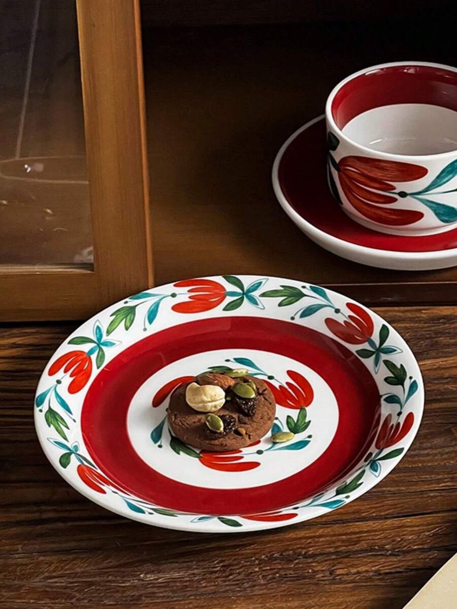 1 件復古芬蘭陶瓷圓盤,紅棕色花朵圖案甜點托盤,家用餐具,適合盛裝水果、沙拉、西餐,適合餐廳和家居生活 - 紅色 - 查看 1