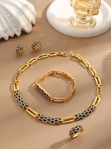 1set Retro Bronze Alloy Oil Drip, Rhinestone Inlaid Snake Pattern Design Earrings, Ring, Bracelet, Necklace Jewelry Set For Women, Suitable For Daily Wear - Yellow Gold - View 2