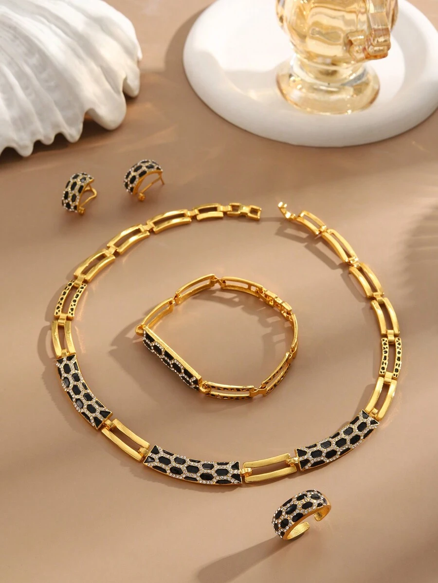 1set Retro Bronze Alloy Oil Drip, Rhinestone Inlaid Snake Pattern Design Earrings, Ring, Bracelet, Necklace Jewelry Set For Women, Suitable For Daily Wear