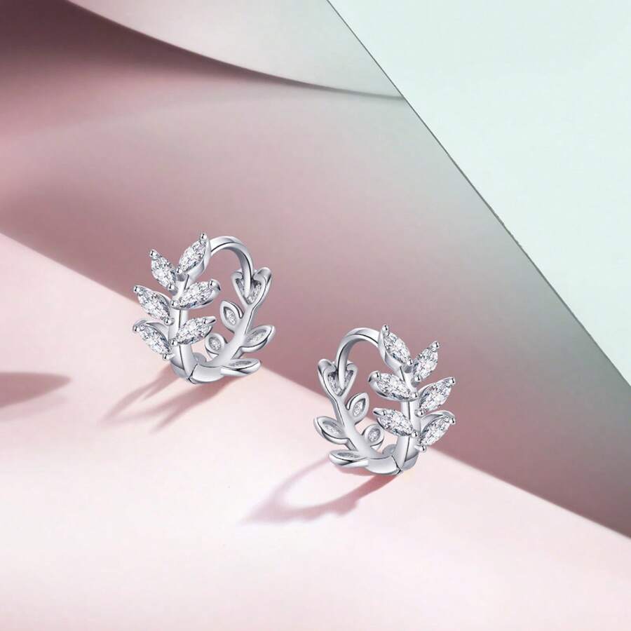 PHNIBIRD 耳環,女士白色葉子鋯石鉑金耳環,925銀金屬過敏友好的耳環,中摺辦公室的圈耳環 - 白色 - 查看 1