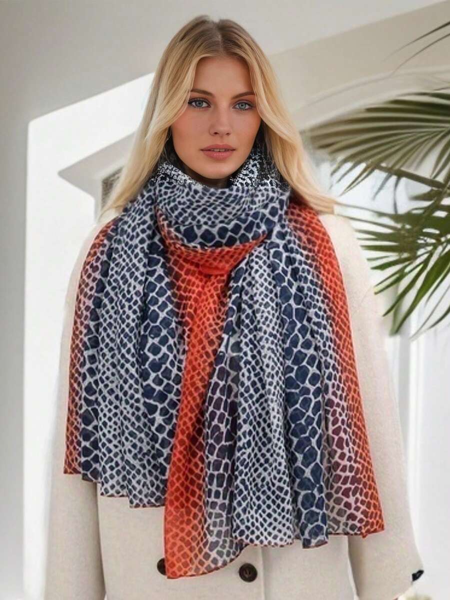 Women's Elegant & Versatile Fashionable Street Style Nordic Printed Scarf For Spring & Fall, Comfortable & Skin-Friendly Accessory For Outdoor Travel, 2023 New Arrival - Coral Orange - View 1