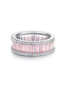 Anillo de bodas de plata con decoración de circonita cúbica para mujer, joyería fina de boda nupcial - Rosa - Ver 1