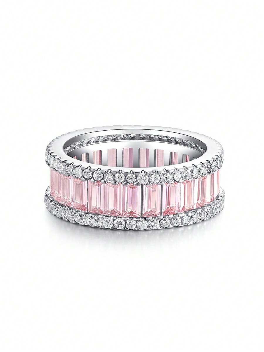 Anillo de bodas de plata con decoración de circonita cúbica para mujer, joyería fina de boda nupcial - Rosa - Ver 1