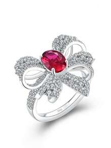 1入組精美方晶鋯石蝴蝶結裝飾銀戒指適合女士日常裝飾 - 玫瑰紅 - 查看 1