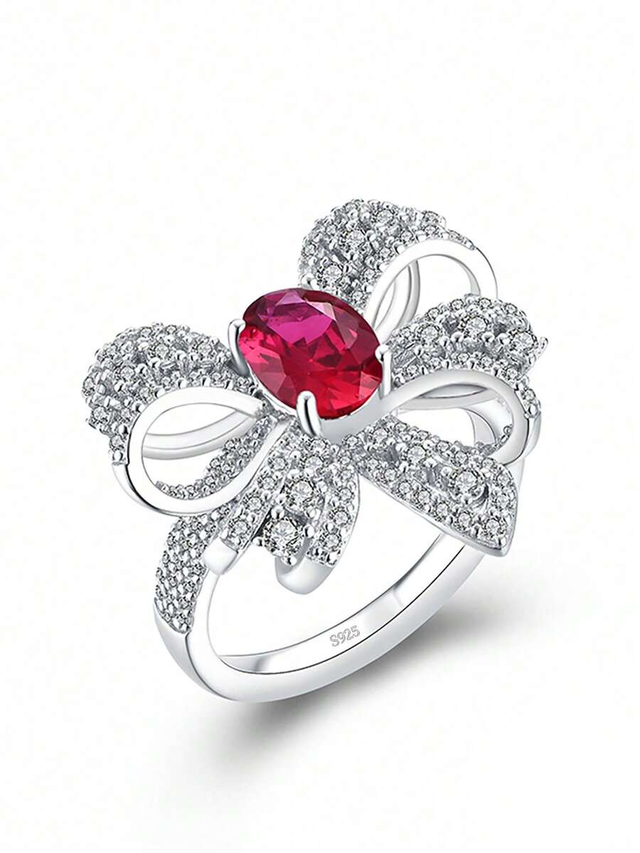 1入組精美方晶鋯石蝴蝶結裝飾銀戒指適合女士日常裝飾 - 玫瑰紅 - 查看 1