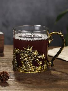 1pc Zinc Alloy Dragon Shaped Beer Mug With Handle, Vintage Chinese Style, Lead-Free Glass Heat Resistant Cup For Personal Use, Parties And Celebrations - Khaki - View 1