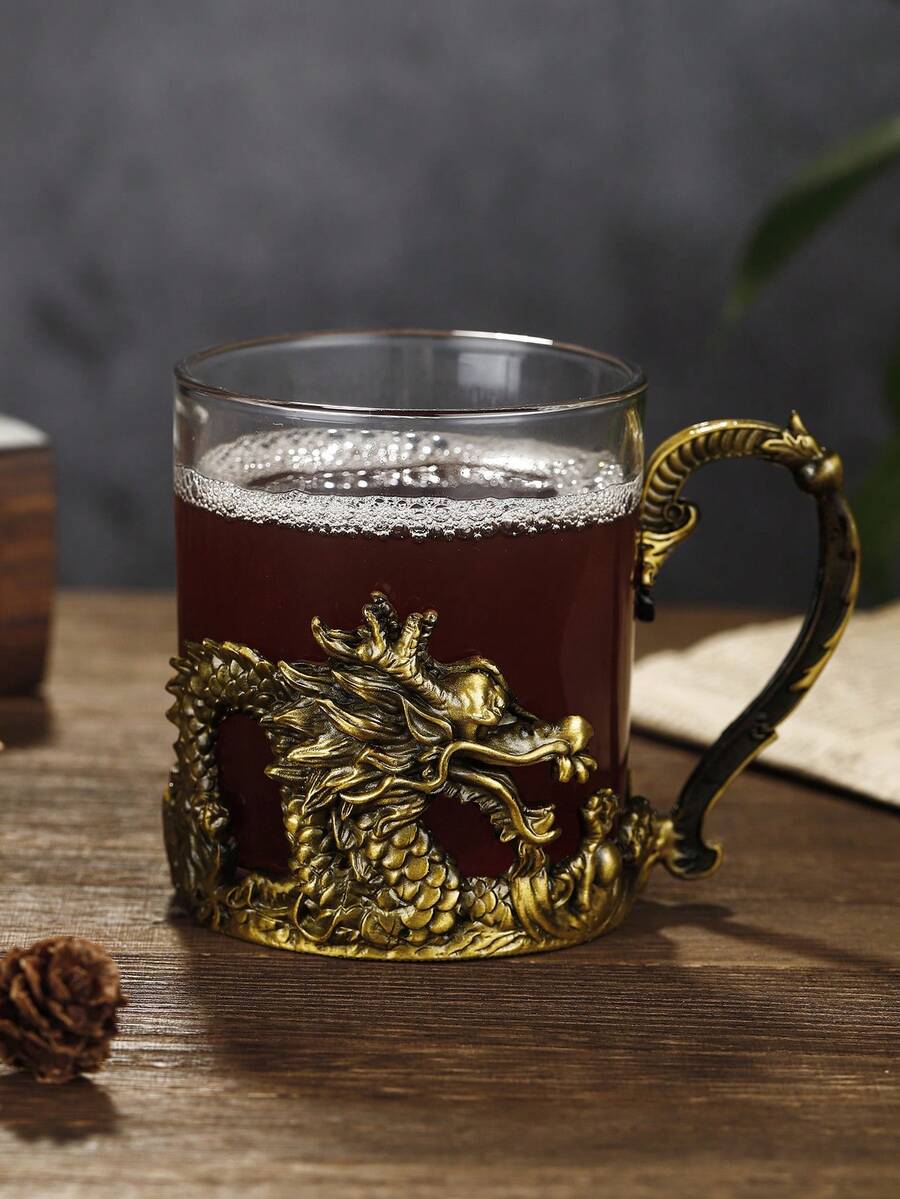 1pc Zinc Alloy Dragon Shaped Beer Mug With Handle, Vintage Chinese Style, Lead-Free Glass Heat Resistant Cup For Personal Use, Parties And Celebrations - Khaki - View 1