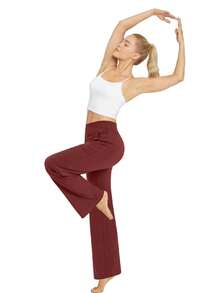 Women's Solid Color Cross-Waist Athletic Pants - Red - View 5