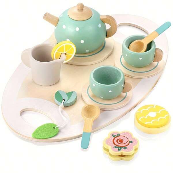 Wooden Kids Tea Set (Teapot, Teacups, Desserts, Biscuits, Tea