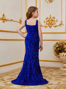 Váy dự tiệc dài chấm đất đính sequin tuyệt đẹp dành cho bé gái tuổi mới lớn: Cổ vuông không tay, thiết kế ôm sát hoàn hảo, lấp lánh và tỏa sáng cho những dịp đặc biệt (Sinh nhật/Biểu diễn ba lê/Khách dự tiệc cưới) - Xanh đậm - Xem 3