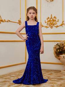 Váy dự tiệc dài chấm đất đính sequin tuyệt đẹp dành cho bé gái tuổi mới lớn: Cổ vuông không tay, thiết kế ôm sát hoàn hảo, lấp lánh và tỏa sáng cho những dịp đặc biệt (Sinh nhật/Biểu diễn ba lê/Khách dự tiệc cưới) - Xanh đậm - Xem 5