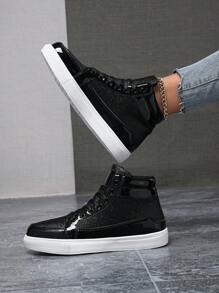 黑色漆皮高帮运动鞋，闪亮个性设计，适合派对和街头风格，系带设计，时尚休闲运动鞋，男女皆宜，情侣鞋款 - 黑色 - 查看 3