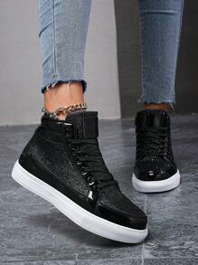 黑色漆皮高帮运动鞋，闪亮个性设计，适合派对和街头风格，系带设计，时尚休闲运动鞋，男女皆宜，情侣鞋款 - 黑色 - 查看 5