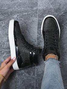 黑色漆皮高帮运动鞋，闪亮个性设计，适合派对和街头风格，系带设计，时尚休闲运动鞋，男女皆宜，情侣鞋款 - 黑色 - 查看 4