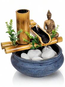 Fonte Estatua De Mesa Agua Cascata Feng Shui Bambu 18Cm - Azul + LED - Visão 9
