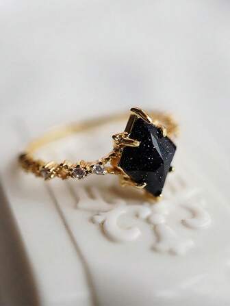 1 pieza Anillo de corona de arenisca azul soñadora, Set de 2 piezas Anillo de gema mineral de cobre con encaje, adecuado para uso diario (enviado sin caja)