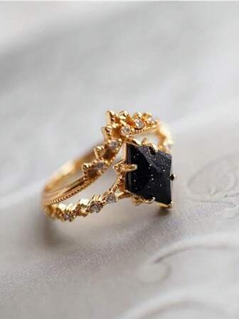 1pc Dreamy Blue Sandstone Sparkling Crown Ring, 2pcs Set Lace Copper Mineral Gemstone Ring, Suitable For Daily Wear (Shipped Without Box)