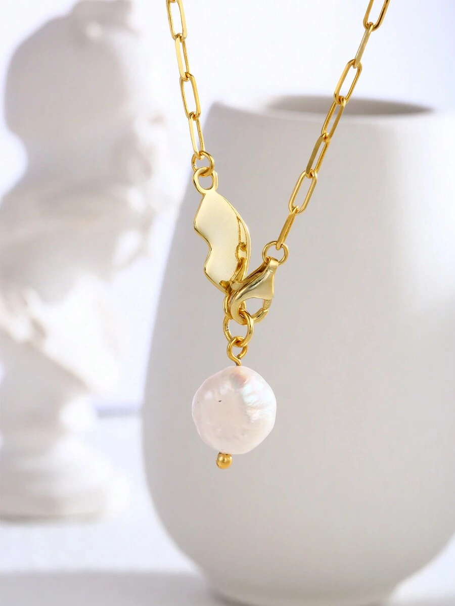 1入組鍍金純銀項鍊,巴洛克珍珠吊墜,多功能鎖骨項鍊,適用於女性,是理想的好友/女友禮物,適合於日常穿戴