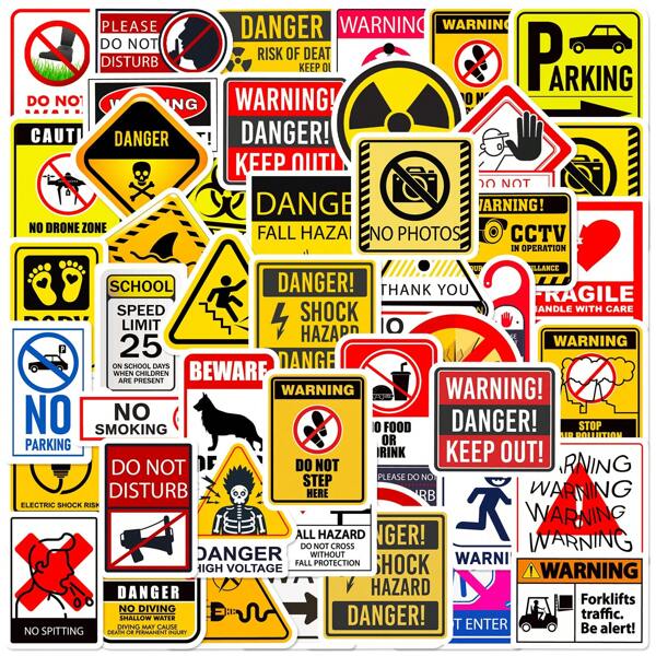 50Pcs Warning Sign Stickers, Cautions Directions Stickers For Teens Adults, Vinyl Waterproof Stickers For Helmet Water Bottle Laptop Phone Skateboard Travel Suitcase
