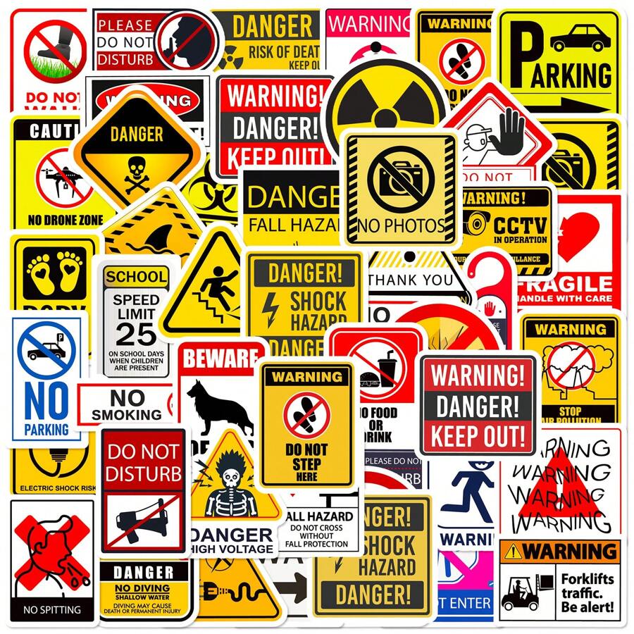 50Pcs Warning Sign Stickers, Cautions Directions Stickers For Teens Adults, Vinyl Waterproof Stickers For Helmet Water Bottle Laptop Phone Skateboard Travel Suitcase