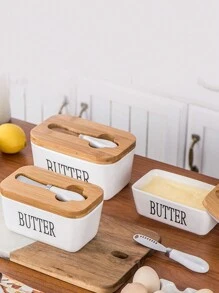 1套附蓋陶瓷奶油盒,帶刀芝士盒,西式餐具,適用於家居 - 白色 - 查看 1