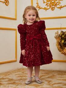 Young Girl's Bow Decor & Glitter Embellished Dress With Cap Sleeves - Red - View 6