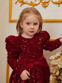 Young Girl's Bow Decor & Glitter Embellished Dress With Cap Sleeves - Red - View 5