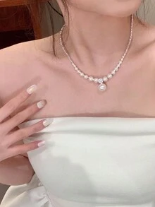 1條法式復古珍珠項鍊,設計師唯一款破銀珍珠鎖骨頸鏈,熱門網拍項鍊 - 銀色 - 查看 4