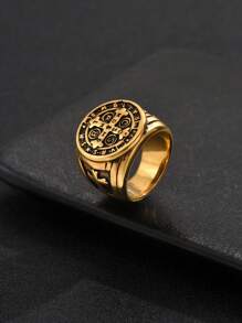 1個歐美復古朋克風格不鏽鋼戒指,十字圖騰造型,男士街頭時尚 - 金色 - 查看 5