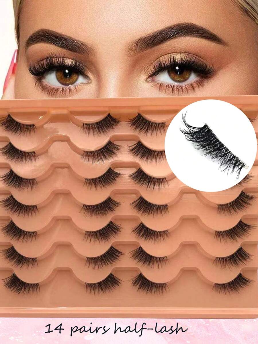 14pairs Clear Stem D-Curl Half-Eye Eyelashes For Lengthening And Enlarging Eyes Strip Lashes, Lashes, Eyelashes, Fake Lashes - 黑色 - 查看 1