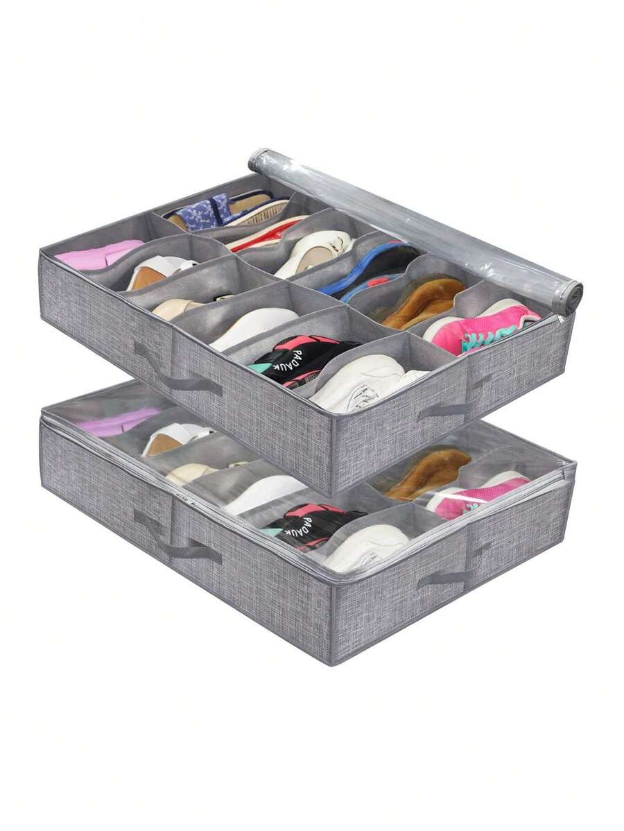1pc Under Bed Shoe Storage Organizer, Foldable Fabric Shoe Container With Transparent Cover & Window, Storage Bag With 2 Handles - Grey - View 1