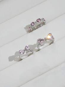 3pcs/Set Fashionable Y2k Style Bowknot, Heart Shaped Rhinestone Ring Set For Women, Suitable For Dating Or Party, Christmas, Valentine'S Day Gift, Everyday Wear Valentines,Mom,Mother,Mother's Day,Gift - Pink - View 3