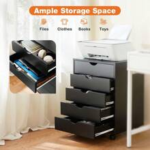 5 Drawer Chest - Storage Cabinets Dressers Wood Dresser Cabinet With Wheels Mobile Organizer Drawers For Office - 黑色 - 查看 5