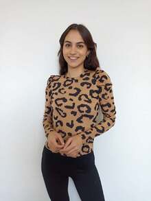 Blusa Suéter Animal Print Estampado Dama Manga Larga Moda - Café integral - Ver 3