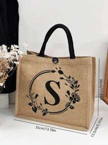 輕便攜帶,信件花紋自然元素教師感謝禮物女性亞麻高容量手提袋,畢業禮物信件印花流行教師手提袋學校禮物海灘假期時尚,是女性,媽媽,老師,朋友,伴娘的絕佳禮物 - 卡其色 - 查看 4