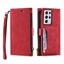 經典背蓋插入式Kara鏈支架套，適用於三星Galaxy S22 S22 Ultra S23 Plus S24，防塵、防水、防震和防指紋皮革手機套，適用於三星Galaxy S22 Ultra S23 Plus S24Plus S24Ultra - 紅色 - 查看 11