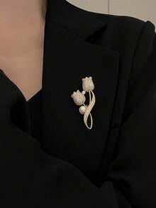 1pc Brooch Rhinestone Tulip Flower Brooch Anti-Glare Suit Brooch Collar Pin Jewelry - Gold - View 6