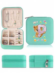 1pc Jewelry Box, Women's Jewelry Storage Box, Displays A-Z Initial Patterns, Large Capacity Travel Jewelry Box, Multi-Layer, Luxury Compartment Box, Multi-Function Mini Transparent Flip-Top Organizer, Jewelry Merchant Gift, Organizer Box For Women, Gift For Mom, PU Leather - Green - View 9