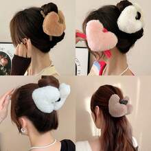 1個絨毛心形髮夾,時尚百搭的秋冬髮飾 - 白色毛絨愛心丸子夾 - 查看 4