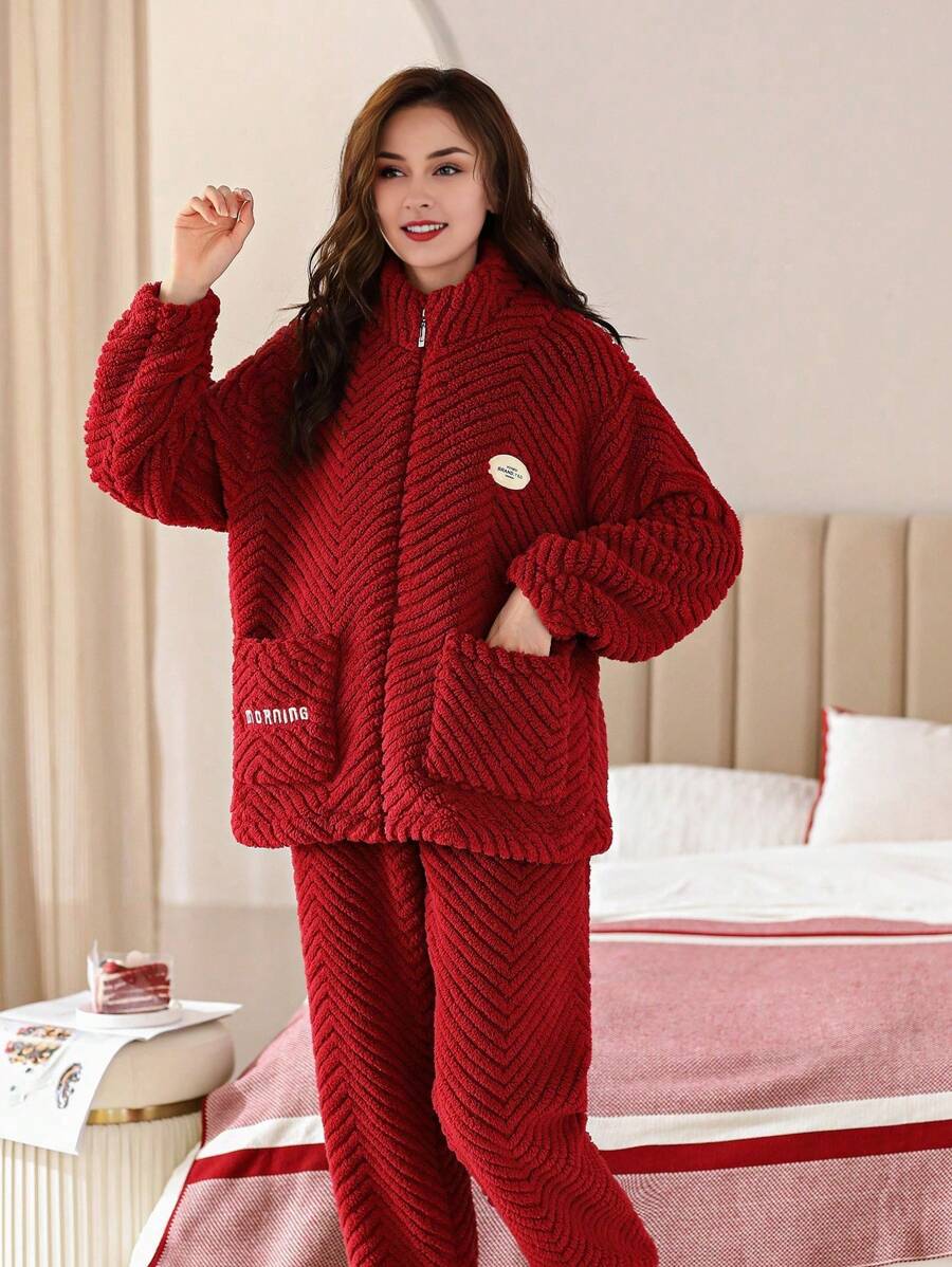 加厚保暖熱門簡約休閒秋冬珊瑚絨立領女士家居睡衣套裝 - 酒紅色 - 查看 1