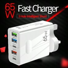 高速 65W 5 端口 2PD+3USB 充电器英国插头：使用快速充电技术可同时为多达 5 台设备充电，兼容三星 S10/S9/S8/Plus、iPhone Xs/Max/XR/11/12/13/14 和其他流行型号。 - 白色 - 查看 5