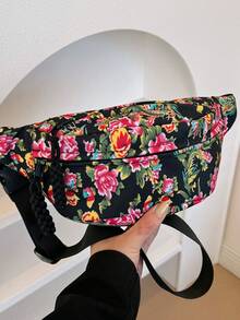 黑色尼龍包,帶有彩色花朵和流蘇,拉鍊開合,大容量,可折疊,適合日常通勤、購物、旅行、度假、派對、晚餐時間、化妝品存放。節日或生日送給女朋友的完美禮物和時尚派對服裝。 - 黑色 - 查看 3