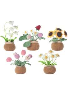 1 Stück handgefertigte Topfsonnenblume aus gehäkeltem Strickset mit gestricktem Garn Faden, Häkelmaterial Set für DIY Anfängergeschenk - Verschiedenfarbig - Übersicht 2